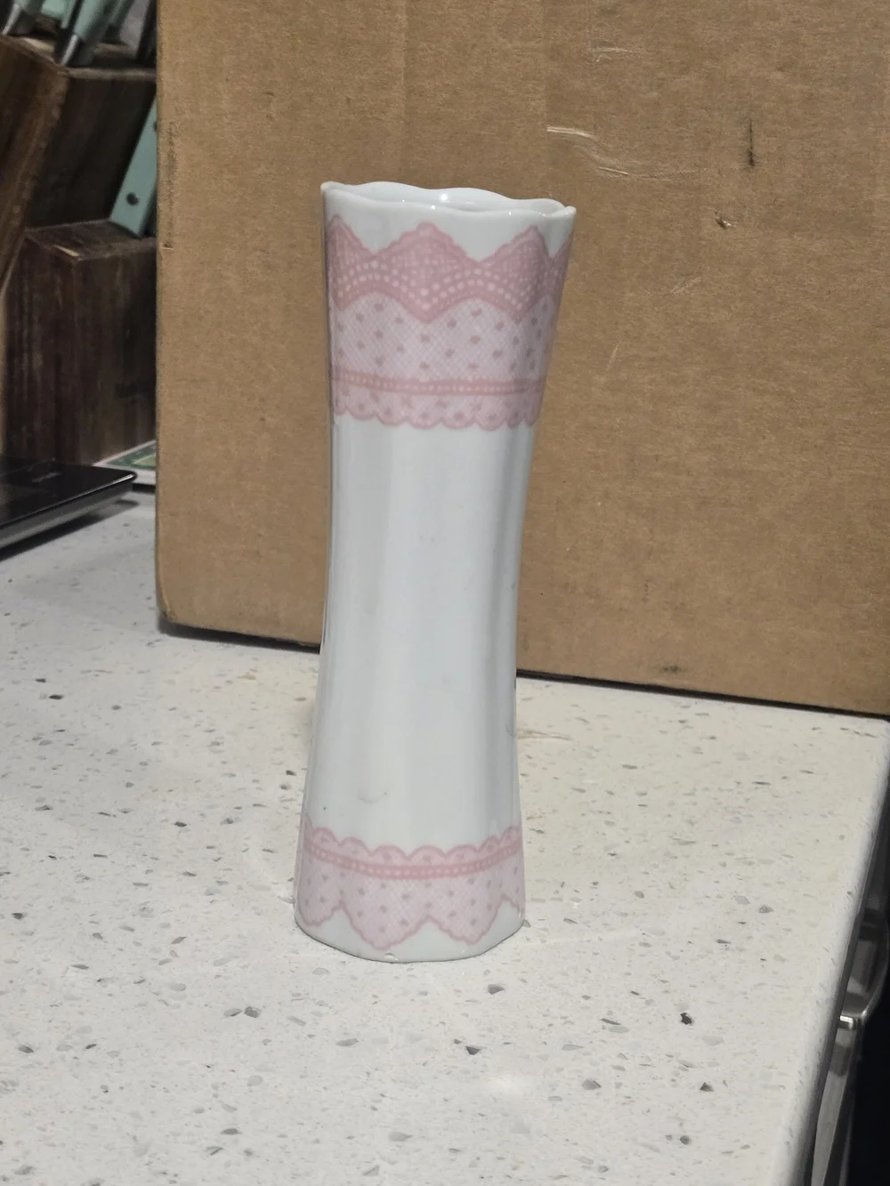 Vintage White Ceramic Bud Vase with Pink Lace Pattern